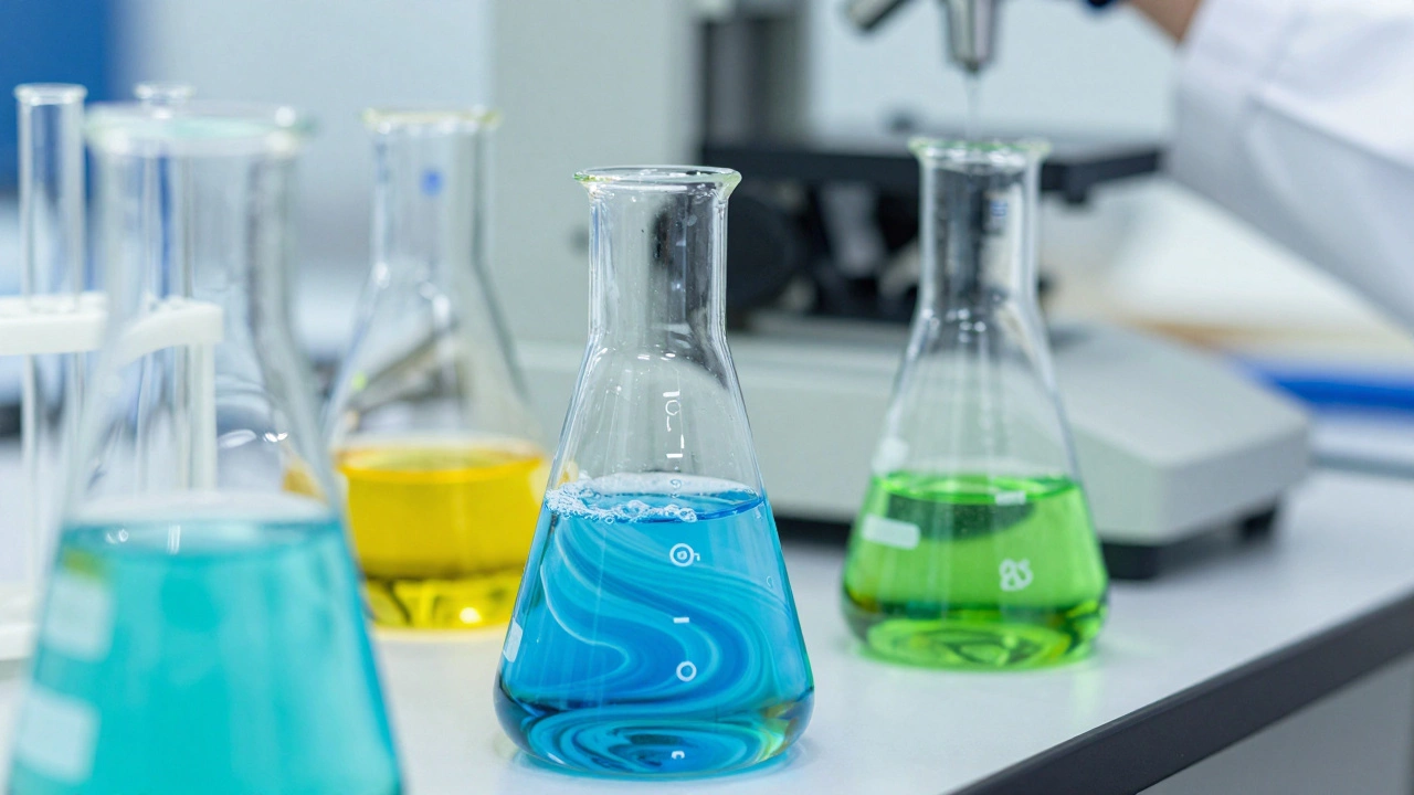Colorful chemical liquids in laboratory glassware representing dye production