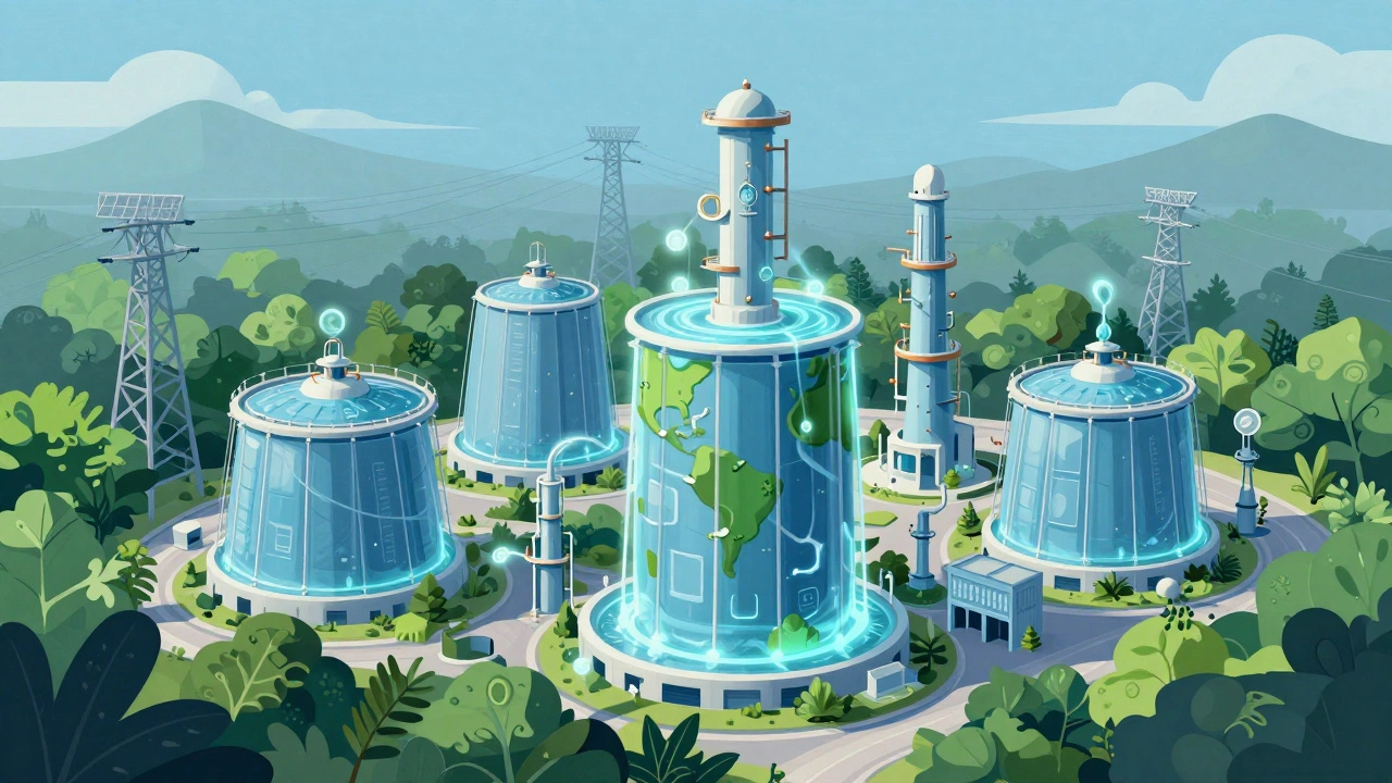 Conceptual illustration of green technology integrated with industrial plant infrastructure