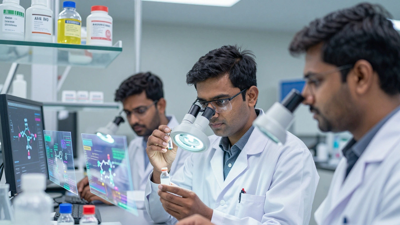 Engineers in a lab examining pharmaceutical intermediates with holographic molecular data displays.