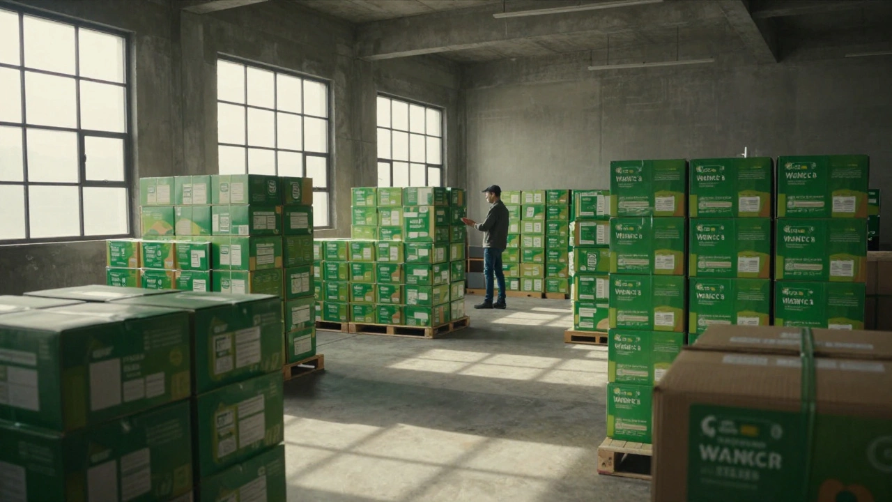 Finished eco-friendly packaging boxes stacked in a sunlit warehouse.