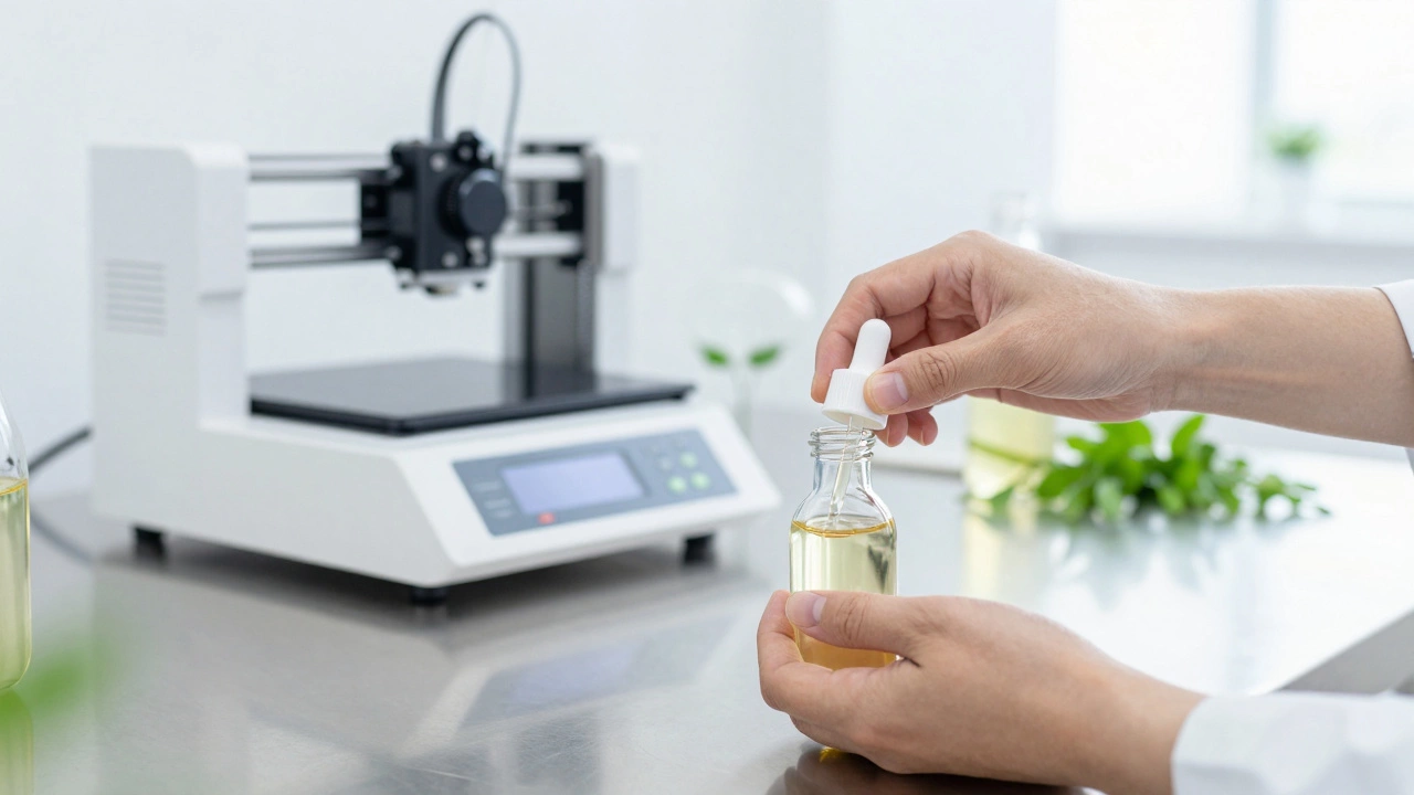 Hands filling organic skincare bottles on a clean production table.