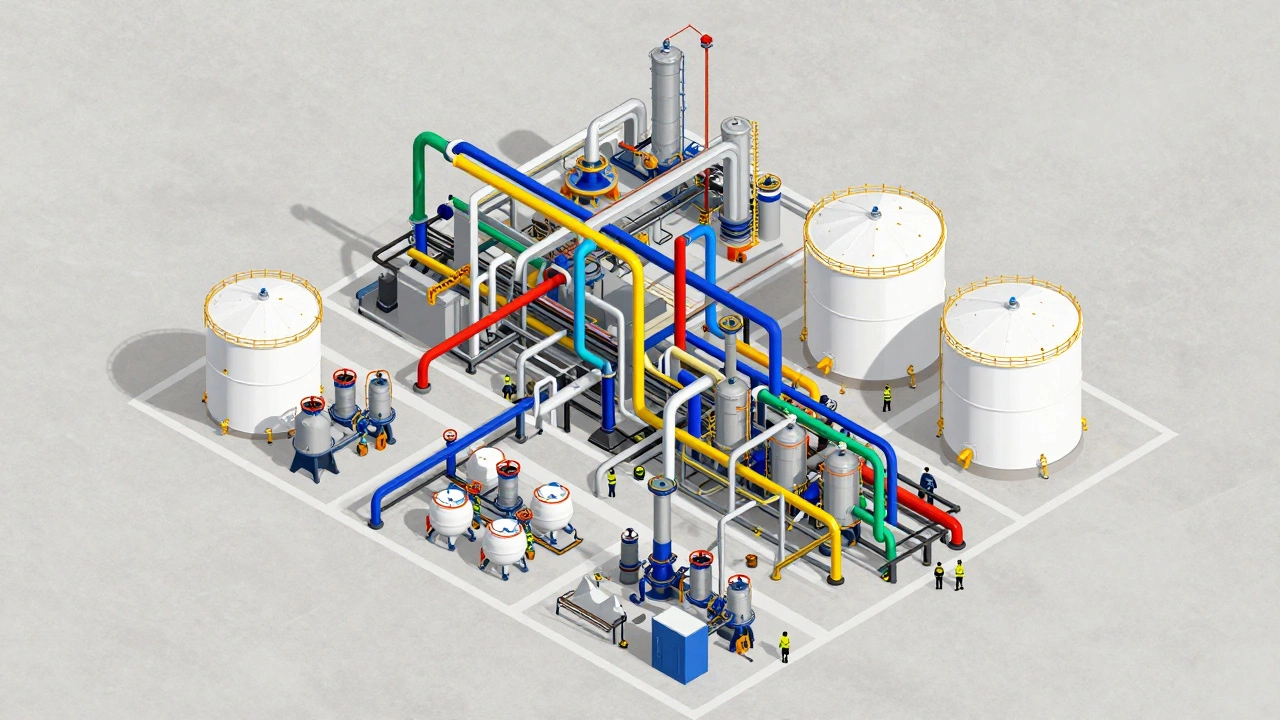 Industrial complex with network of pipes and storage tanks within a processing zone