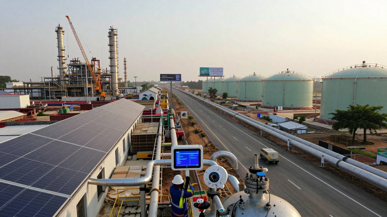 Industrial corridor under construction with new chemical plants and solar panels under morning light.