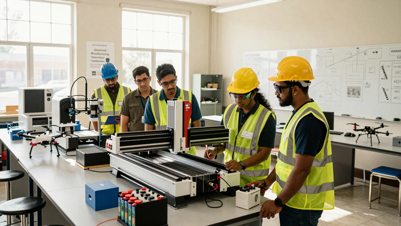 Workers train on CNC machines in a community college lab with 3D printers and battery prototypes.