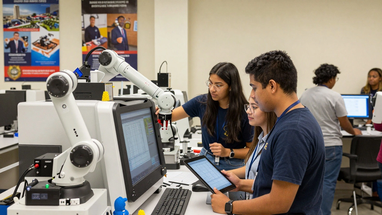 Young workers learning to program CNC machines in a community college manufacturing lab.