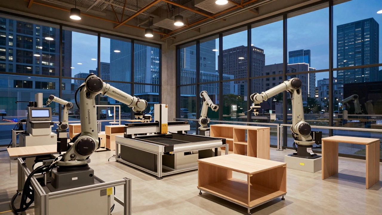 Automated micro-factory with robotic arms producing custom goods in an urban setting.