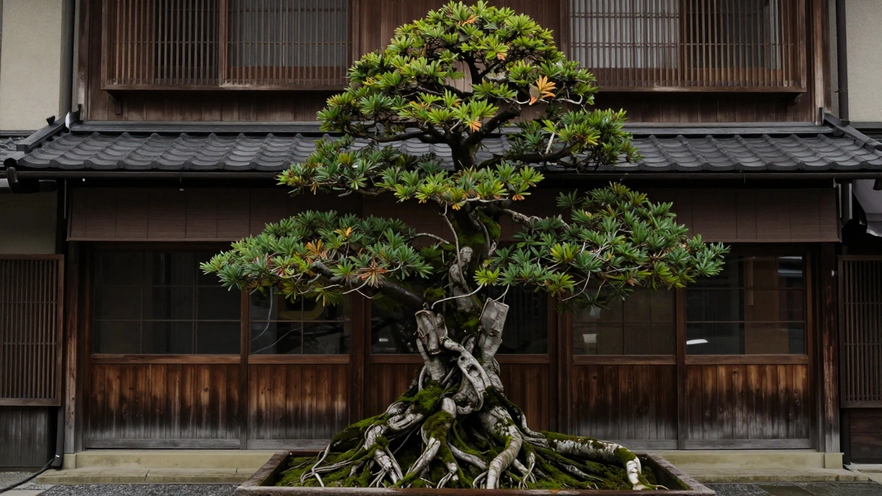 Conceptual art of a bonsai tree merged with a traditional Japanese shop symbolizing sustainability.