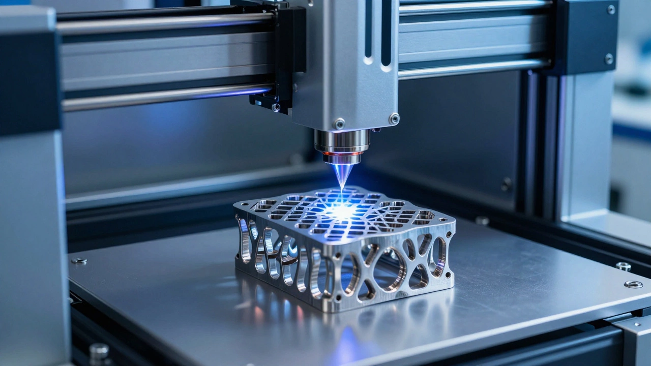 Industrial 3D printer creating a precision titanium bone scaffold in a medical lab.
