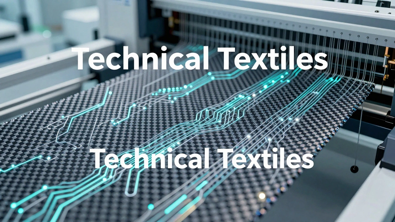 Macro view of a high-tech 3D knitted carbon fiber fabric with integrated electronics.