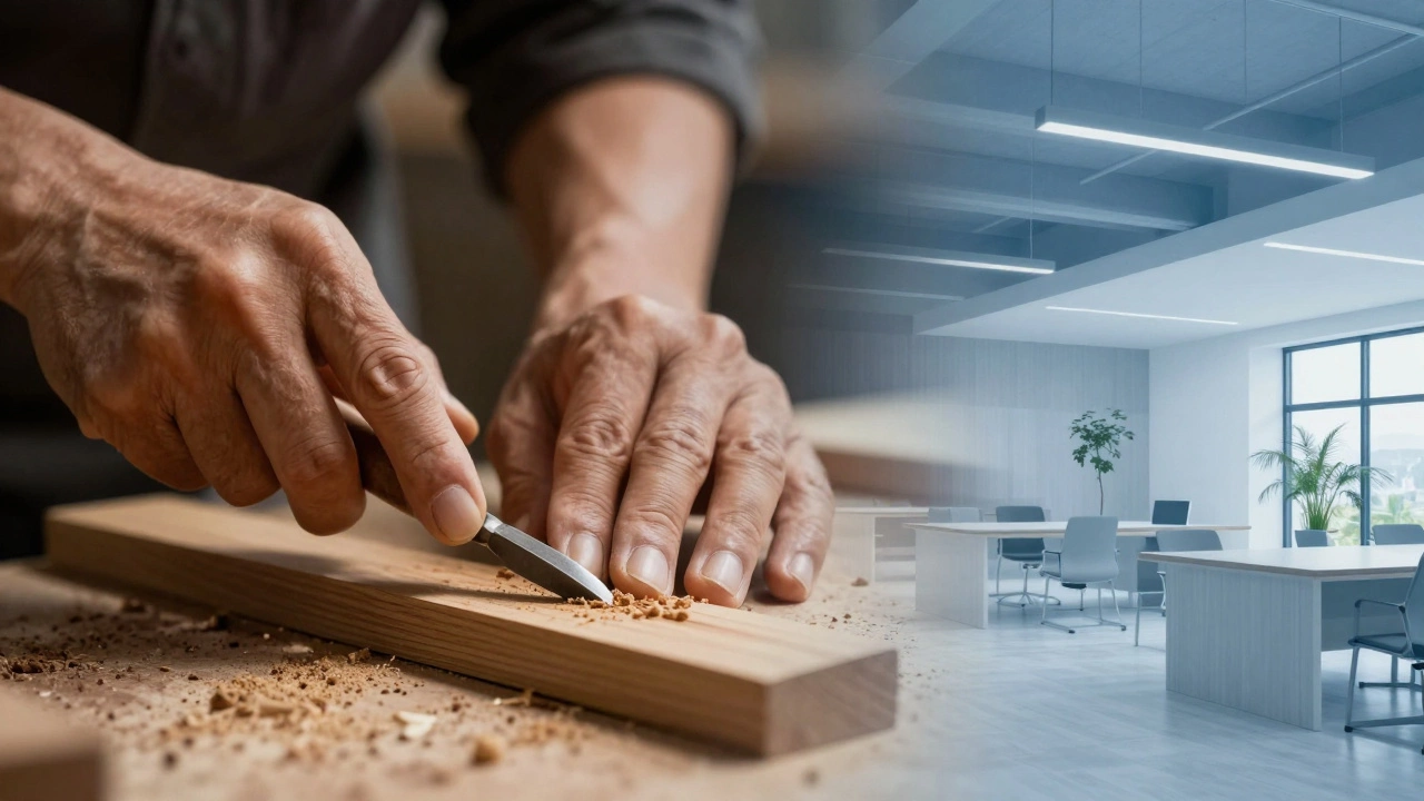 Split image comparing a traditional woodcarver's hand with a modern sustainable design studio.