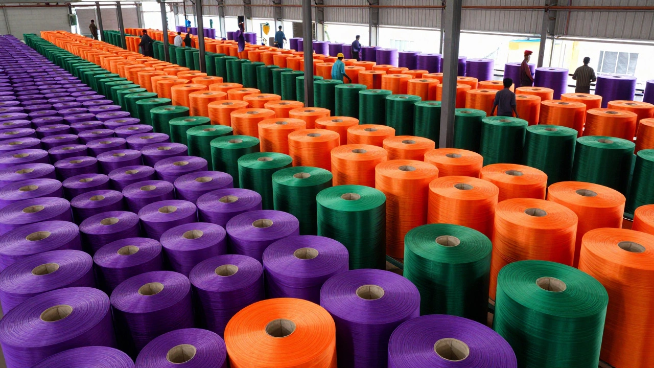 Vibrant rolls of colorful synthetic fabrics in a large-scale Indian textile warehouse.