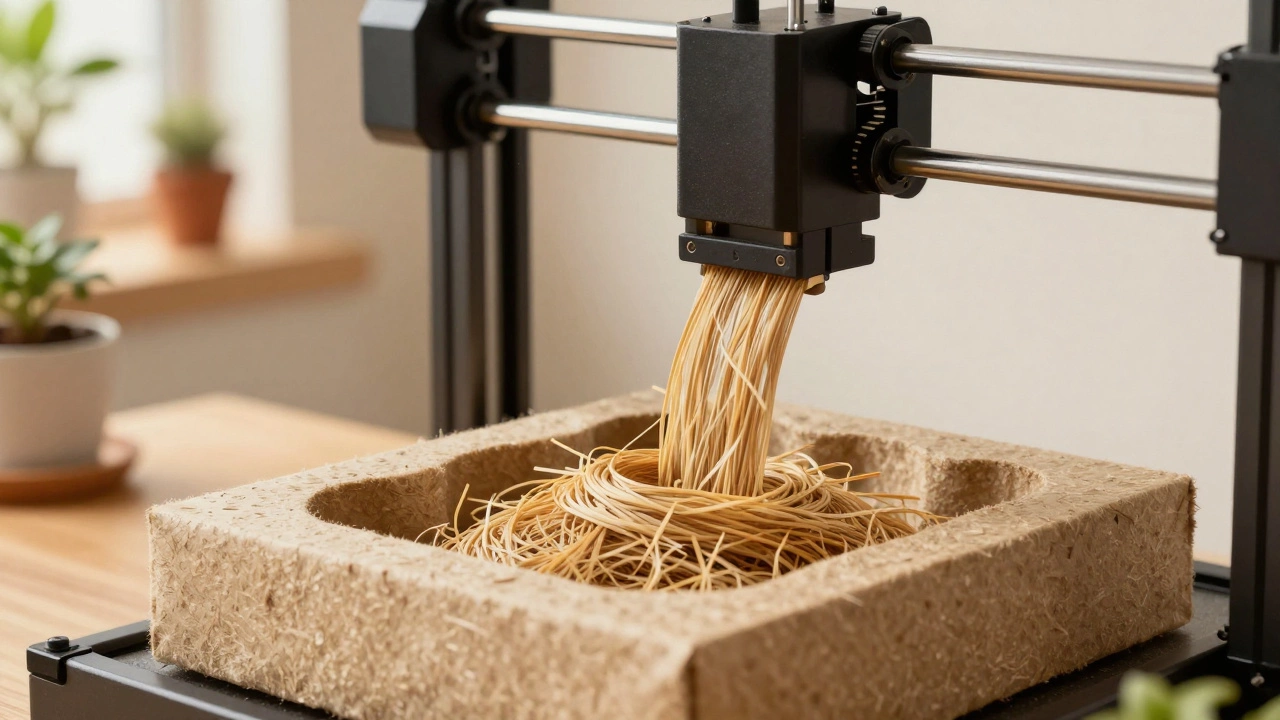 3D printer creating eco-friendly packaging from recycled plant materials