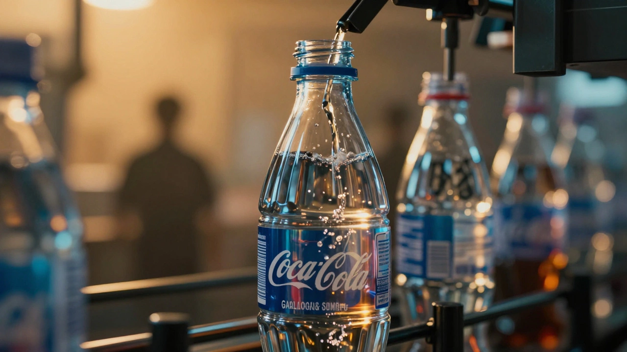 Close-up of a PET beverage bottle on an assembly line with blurred factory background.