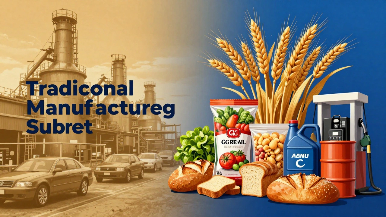 Conceptual art contrasting old factories with modern food and fuel production