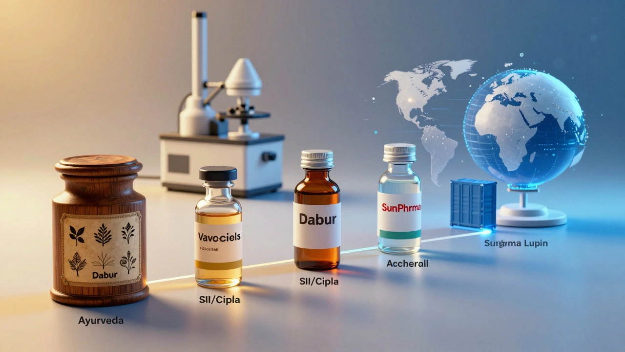 Conceptual art showing evolution from Ayurvedic jars to modern biotech labs.