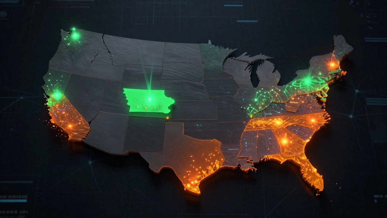Digital map of US showing glowing manufacturing hubs in key states
