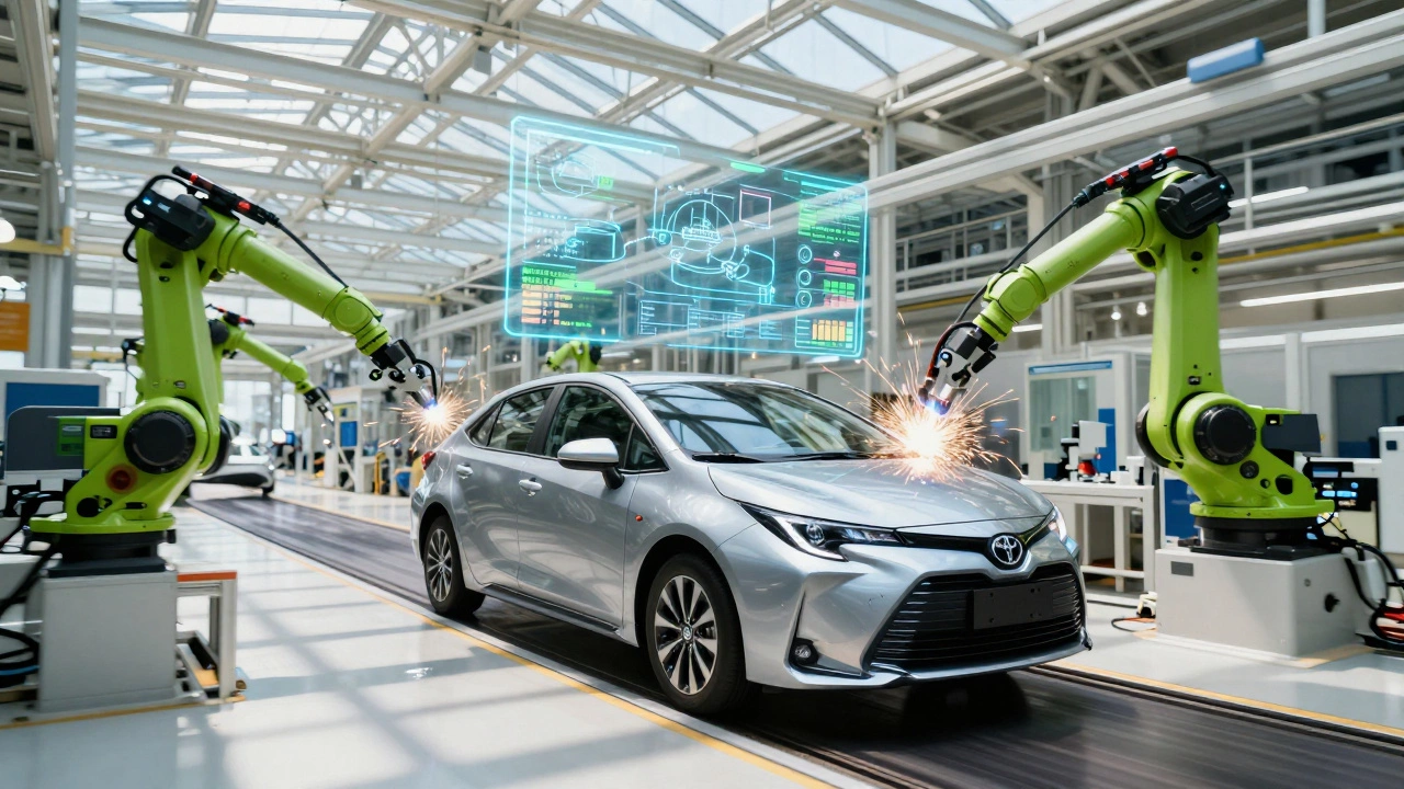 Futuristic car assembly line with robotic arms building a hybrid vehicle under bright light