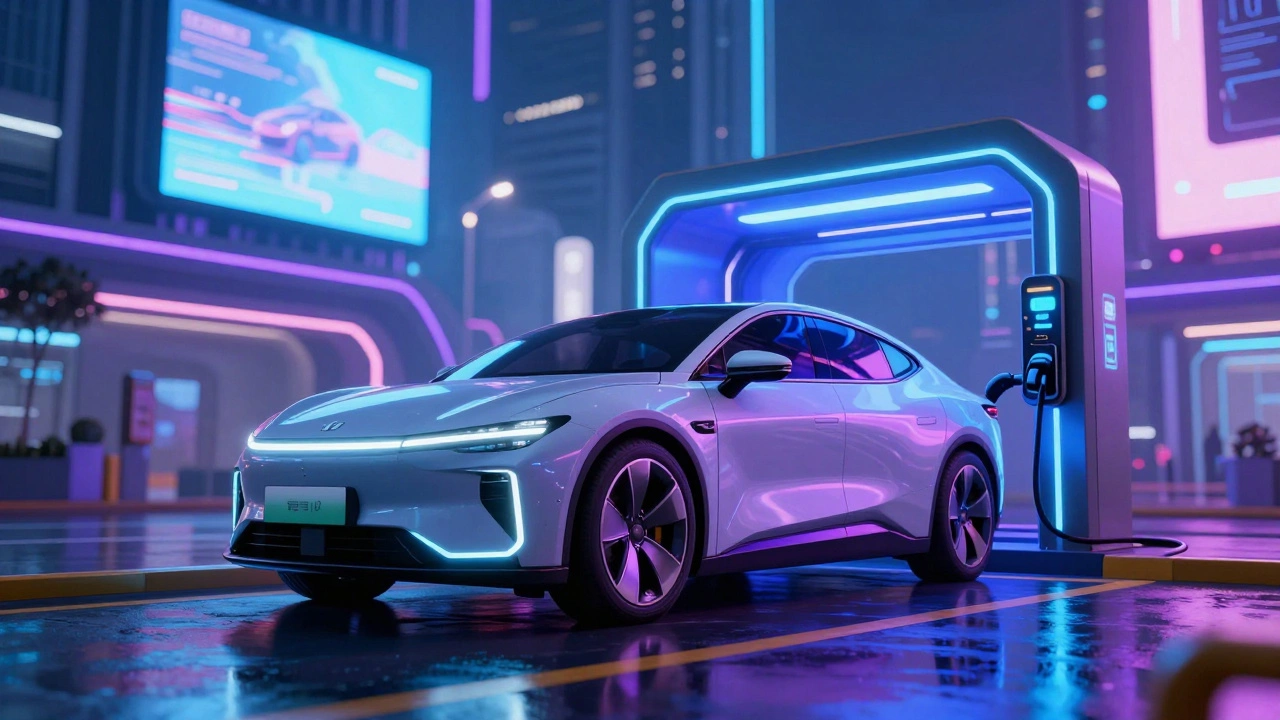 Futuristic Chinese EV charging in a neon-lit urban setting