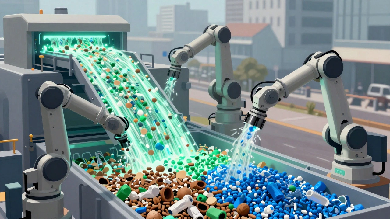 Futuristic recycling plant transforming plastic waste into clean pellets with robotic arms.