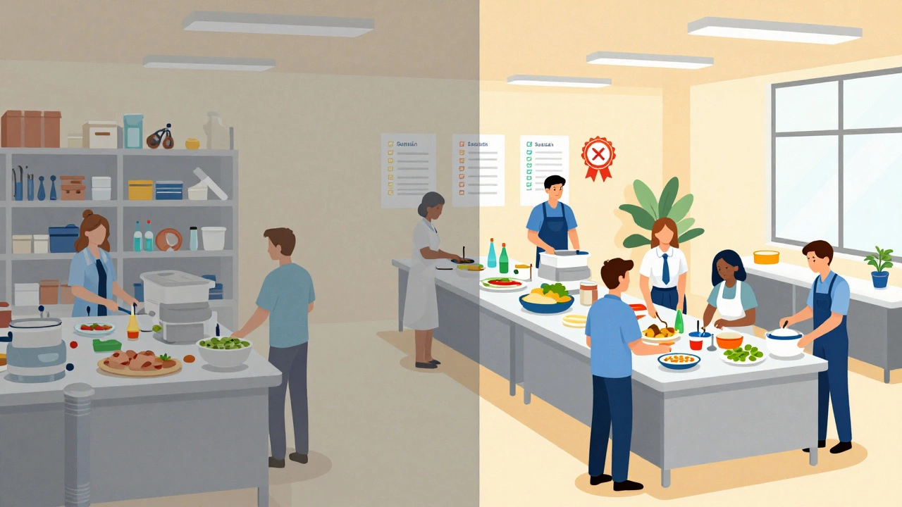 Illustration contrasting chaotic vs organized food production workflows