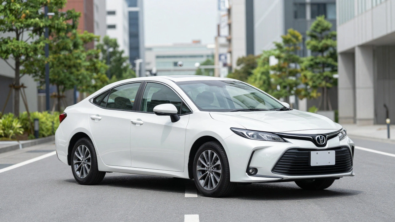 Japanese hybrid sedan parked on a clean, modern city street
