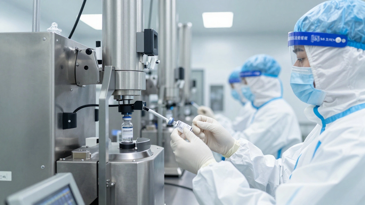 Modern sterile vaccine manufacturing facility with workers and automated machinery.