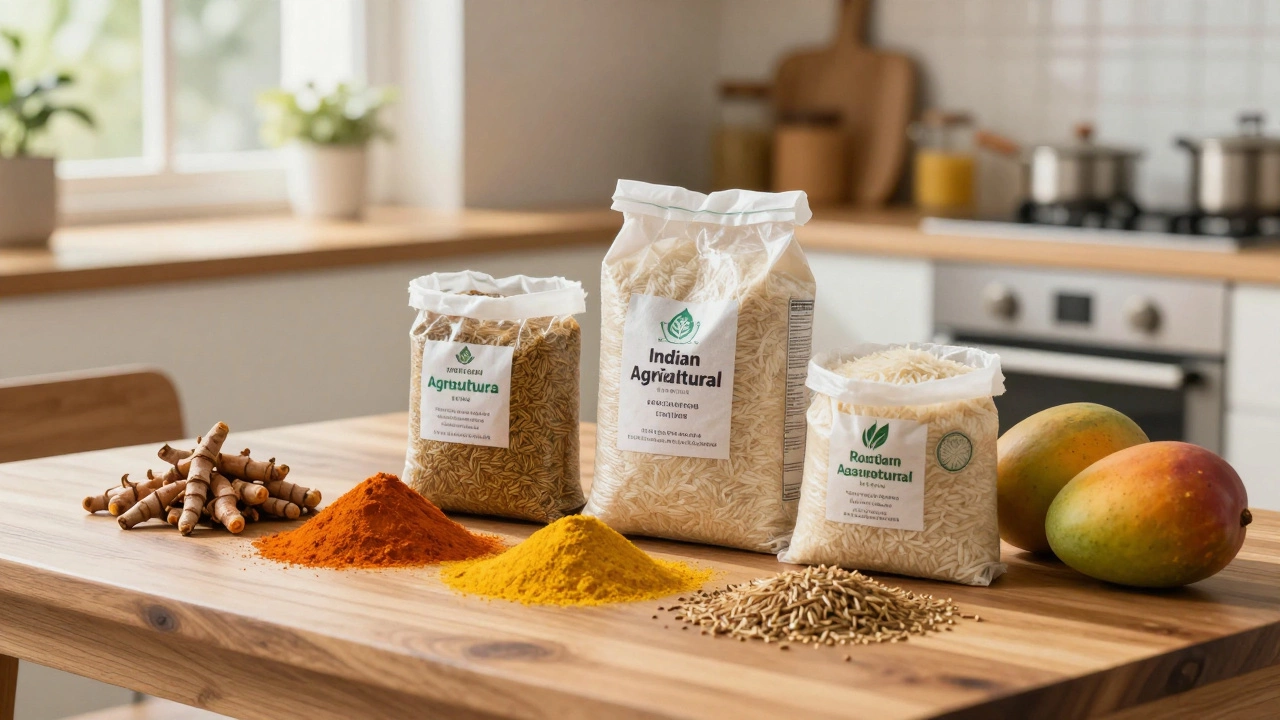 Premium Indian spices, rice, and mangoes displayed on a sunny kitchen table.
