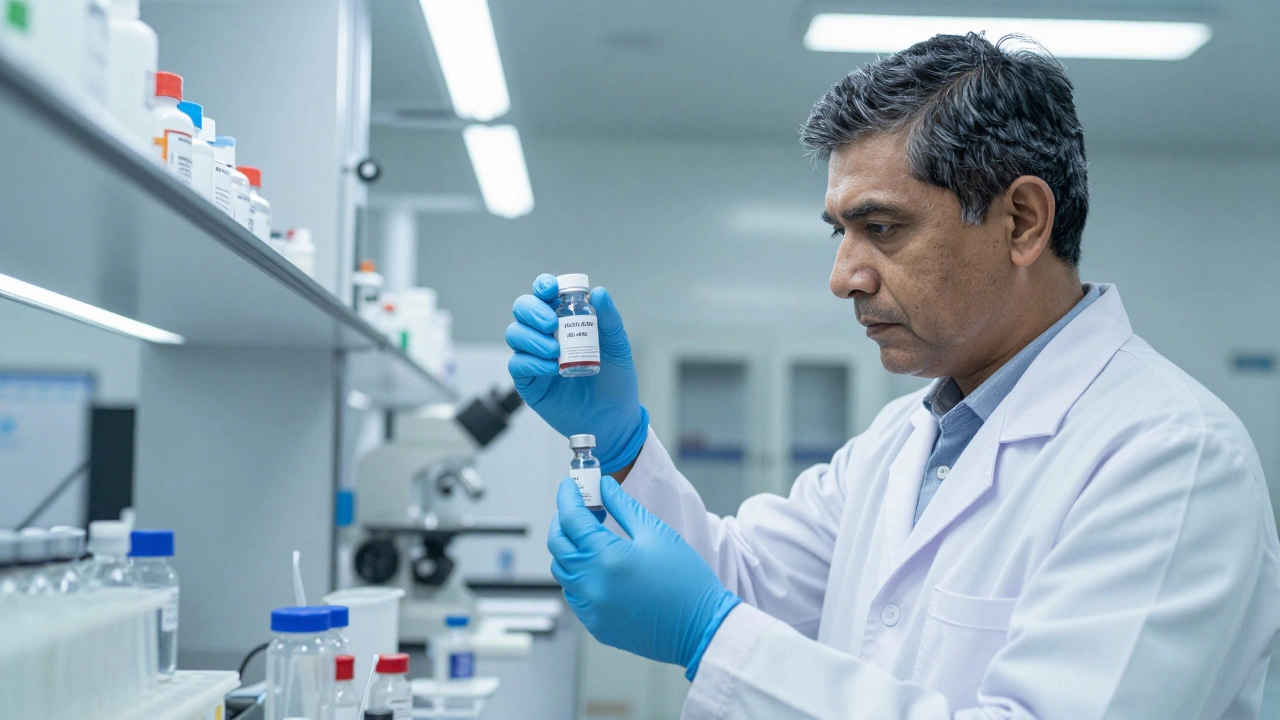 Scientists handling pharmaceutical ingredients and drugs in a sterile Indian lab.