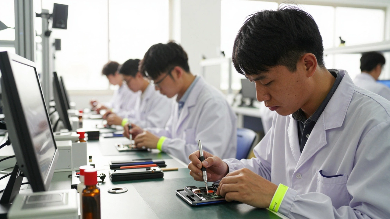Skilled technicians carefully assembling smartphones in a bright Vietnamese facility.