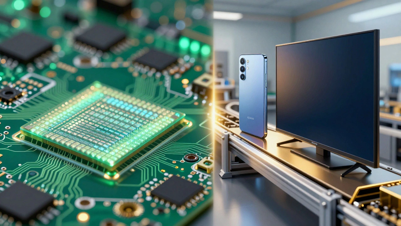 Split image showing silicon chip fabrication merging into finished consumer electronics devices