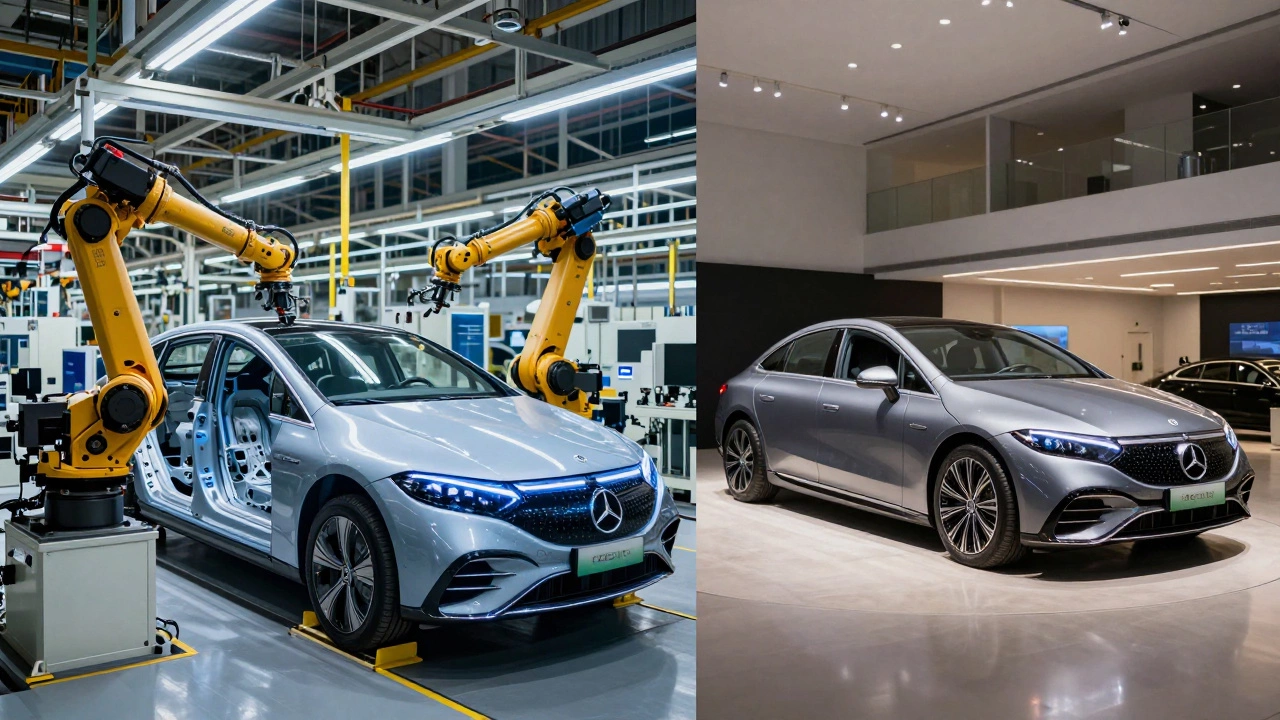 Split view of Tata EV assembly line and Mercedes luxury showroom