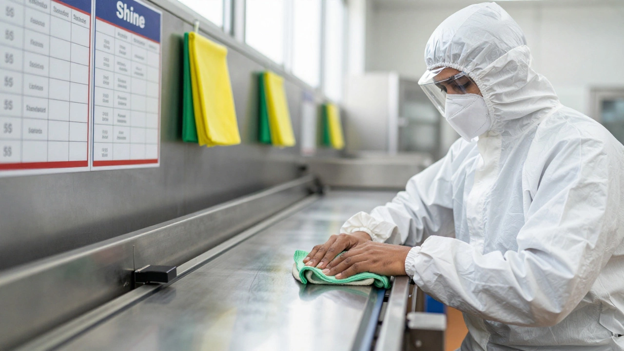 Worker cleaning stainless steel equipment in a hygienic food plant