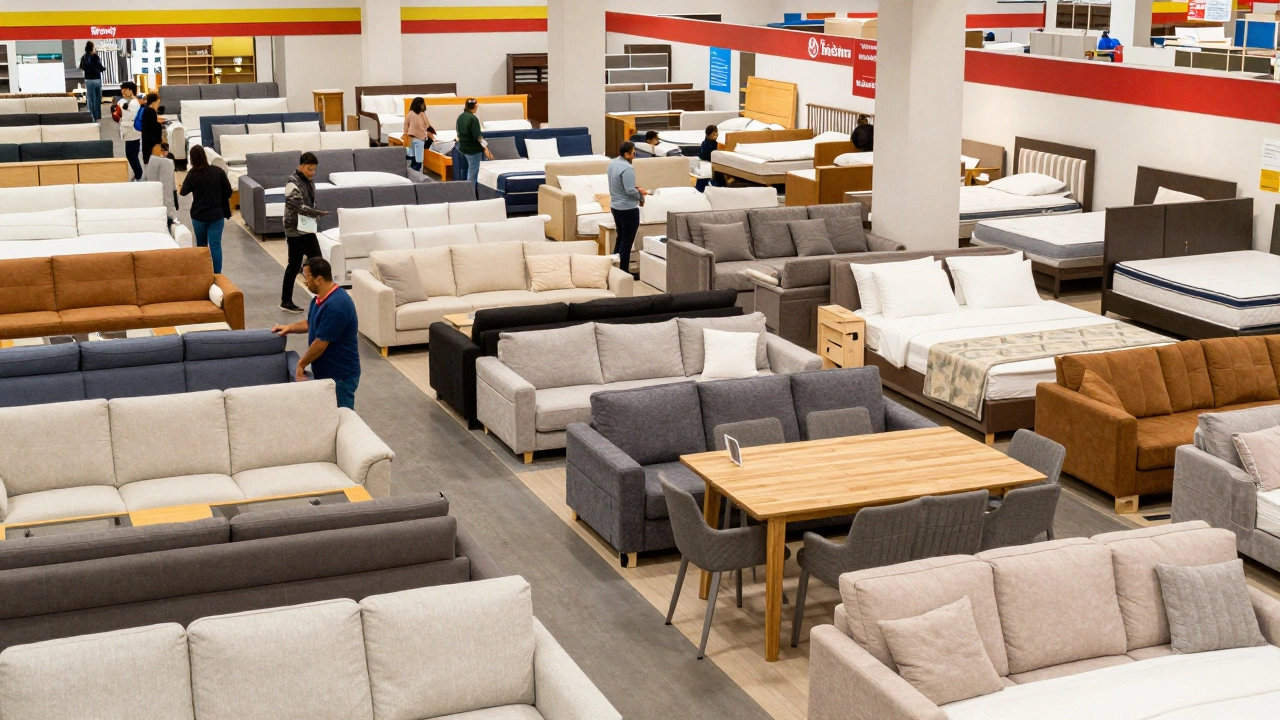 Busy furniture showroom with shoppers browsing