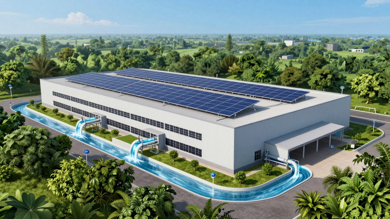 Eco-friendly textile factory with solar panels and green surroundings