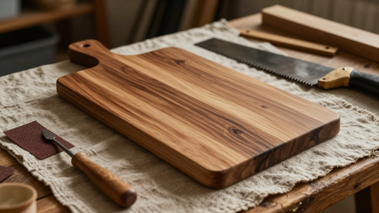 Finished wooden cutting boards and crafting tools