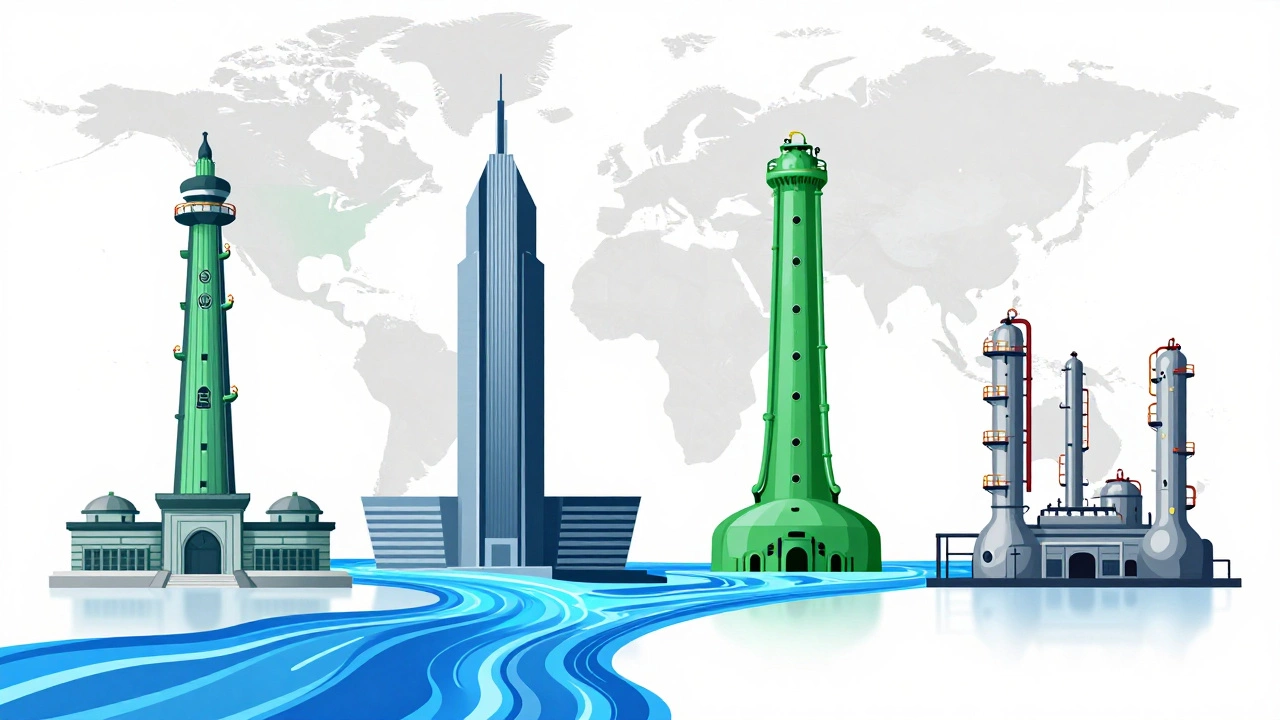 Four industrial towers merging into a river of resin