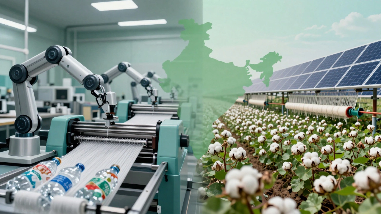Futuristic concept showing automated recycling and sustainable cotton farming