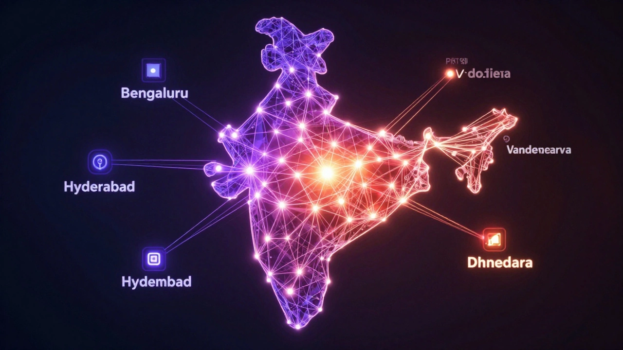 Glowing digital map of India showing semiconductor hubs and data flows
