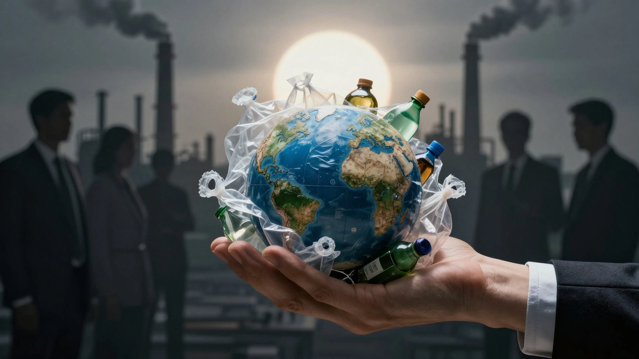 Hand holding a globe made of plastic waste