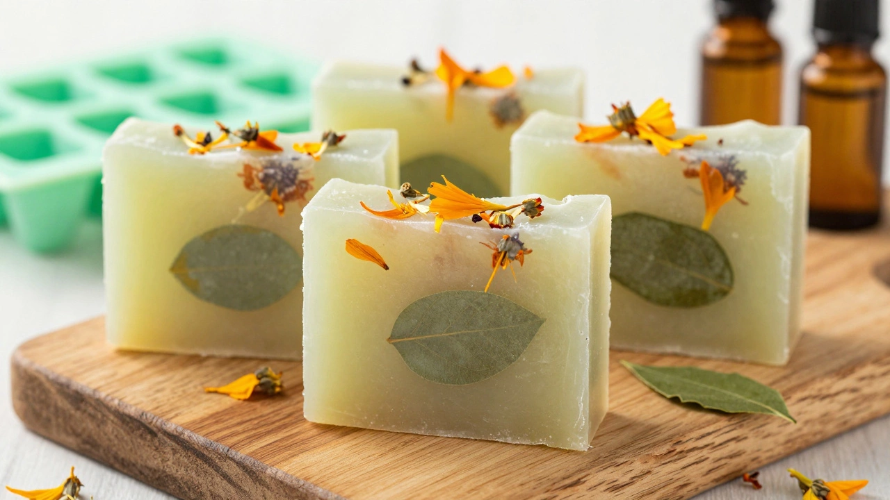 Handmade natural soap bars with dried flowers