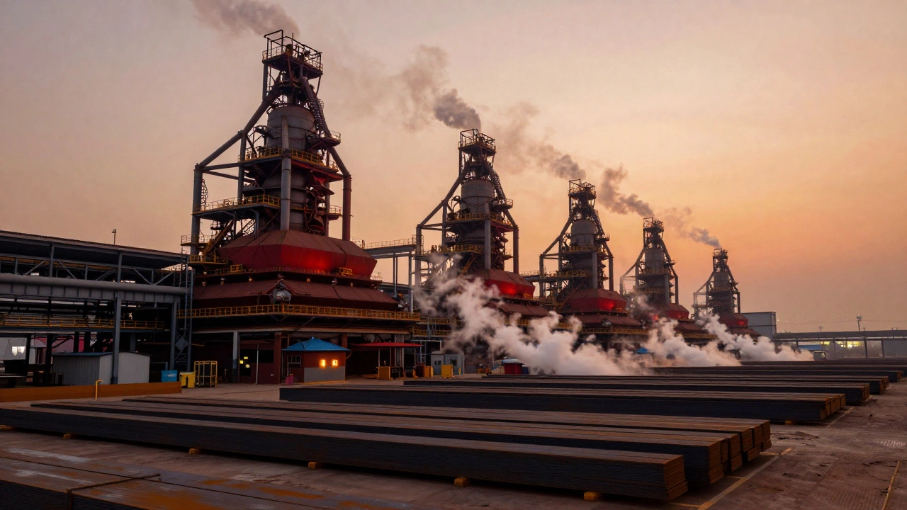 Massive Chinese steel factory with BOFs and stacked beams at dusk