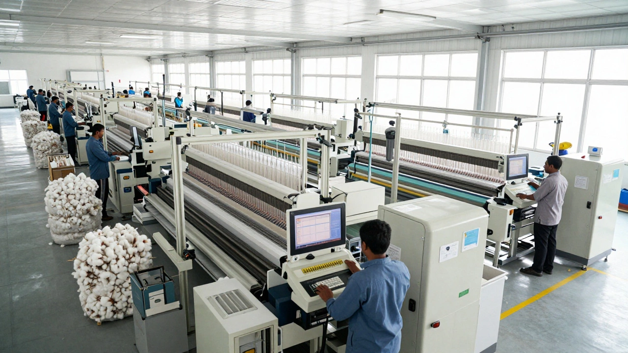 Modern automated textile factory with workers monitoring advanced machinery