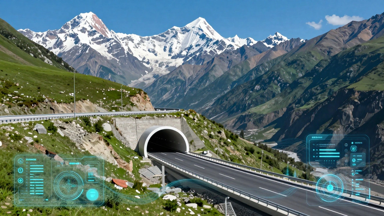 Modern highway tunnel in Himalayas with abstract data visualization overlay