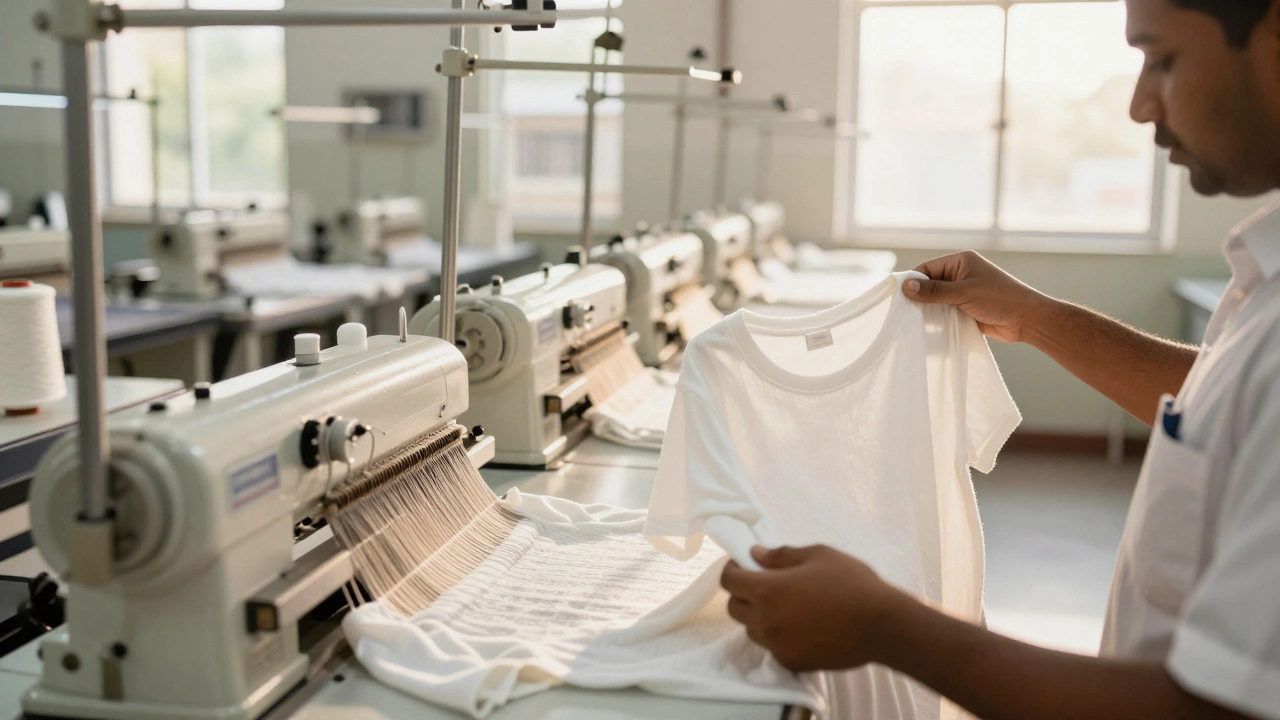 Modern knitting machines producing cotton garments in a Tirupur factory