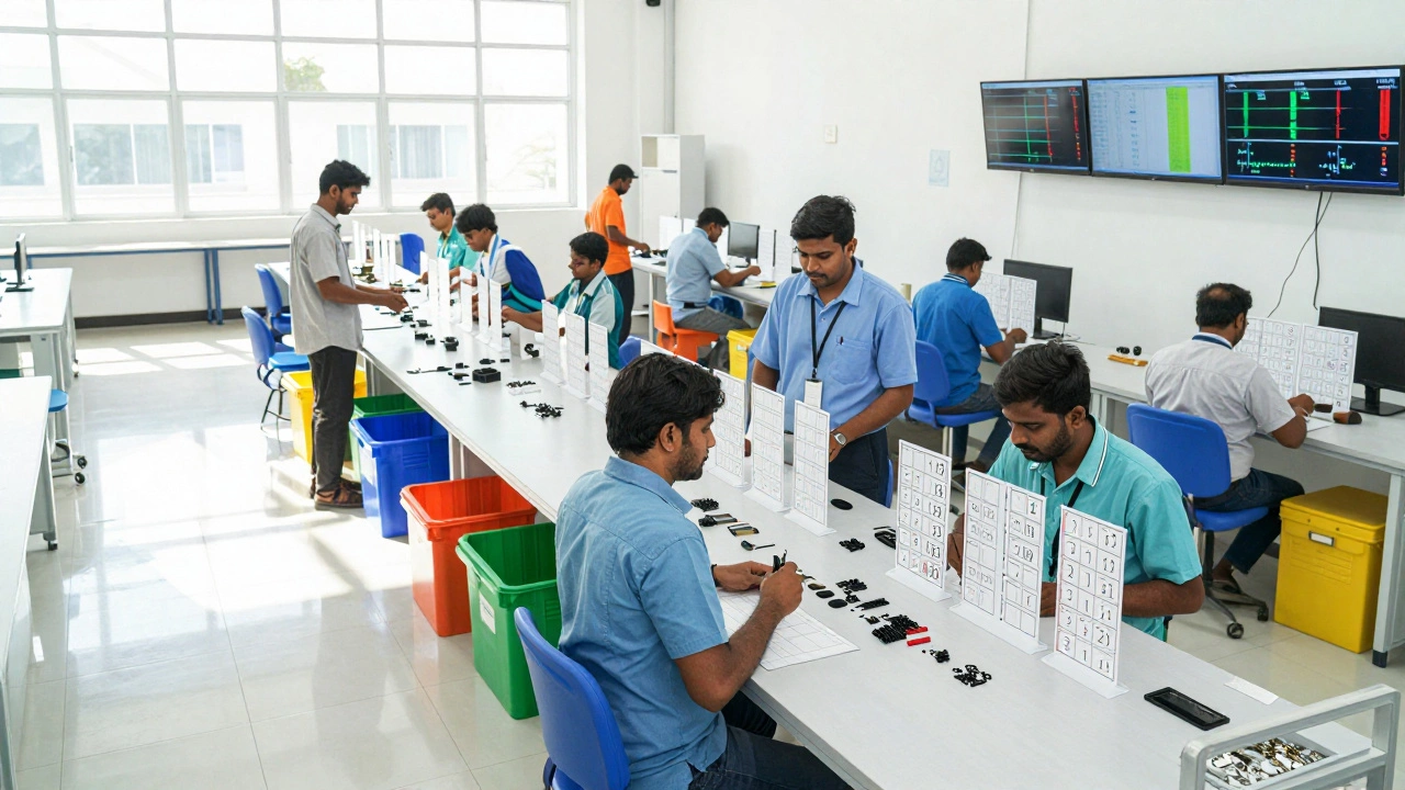 Organized lean factory with workers using Kanban signals