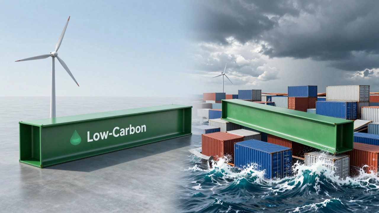 Split image comparing green US steel vs complex global shipping logistics
