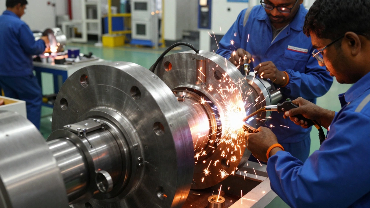 Workers assembling hydraulic and electrical components for tunnel boring machines