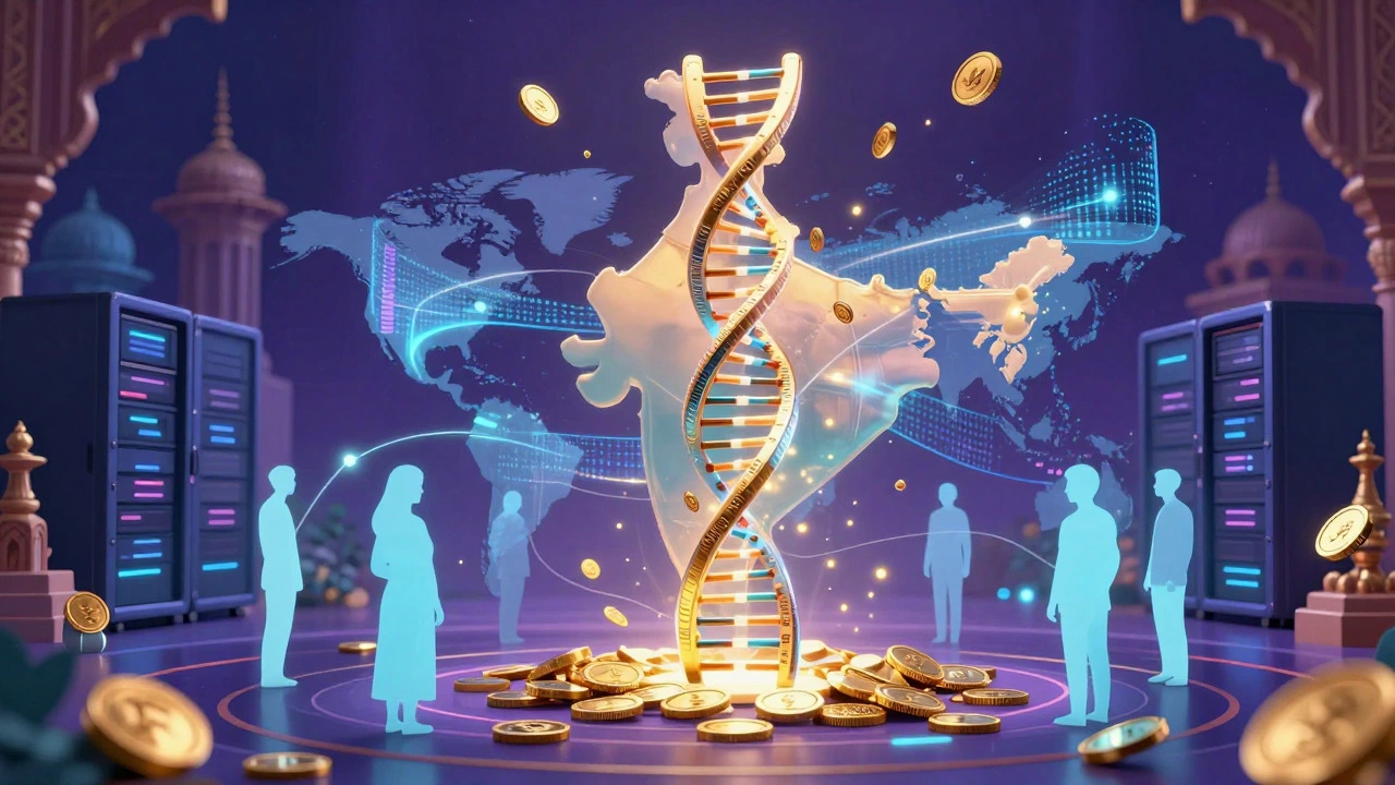Abstract DNA helix rising from India map