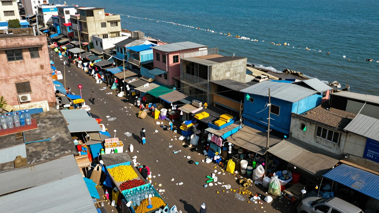 Aerial view of Indian street market littered with single-use plastic waste
