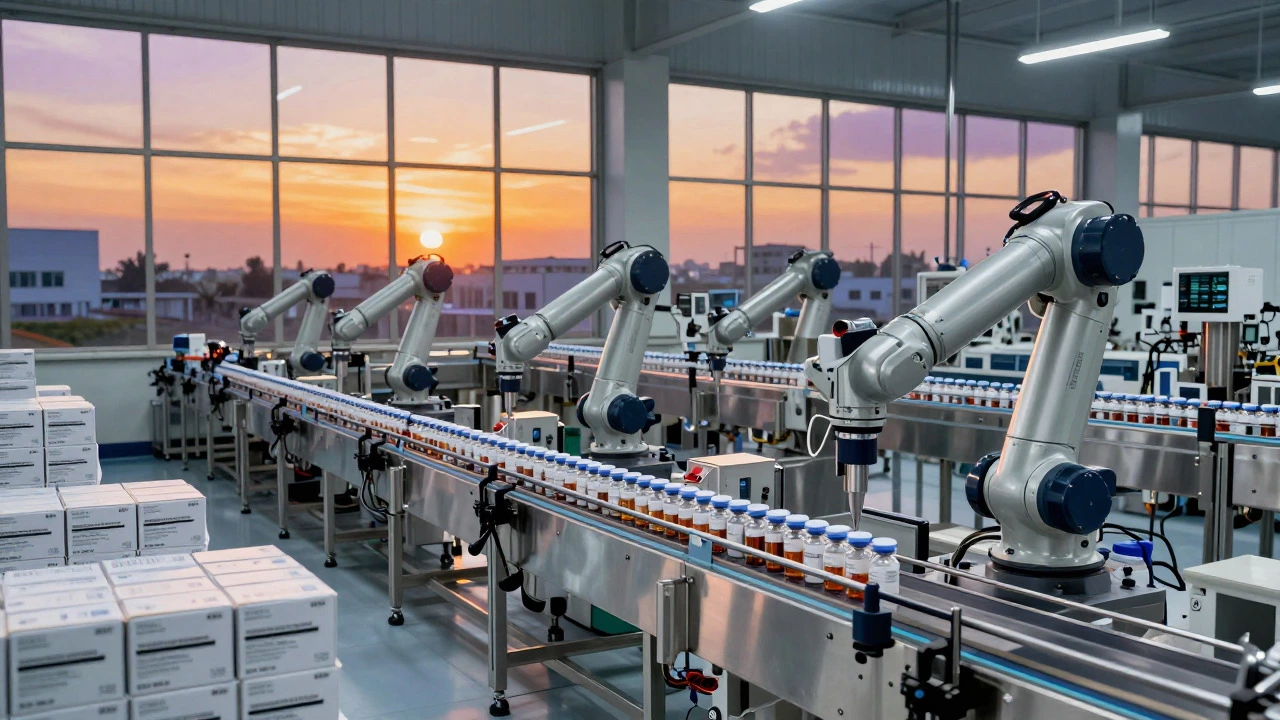 Automated pharmaceutical production line at sunset